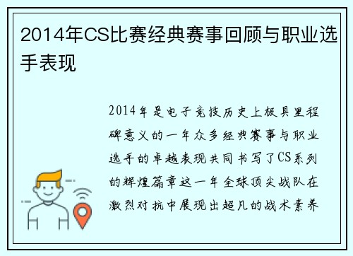 2014年CS比赛经典赛事回顾与职业选手表现